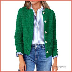 100% Acrylic Chunky Knit Cardigan Sweater Button Down Open Front Crop